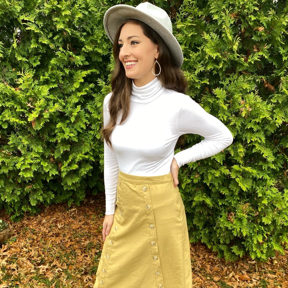 Boutique mustard double sided button up detail fit and flare skirt